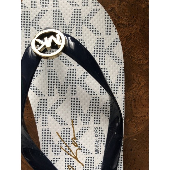 Michael Kors Jet Set Flip Flop Sandals Navy Blue White Gold MK Logo US Size 10 - Picture 3 of 7